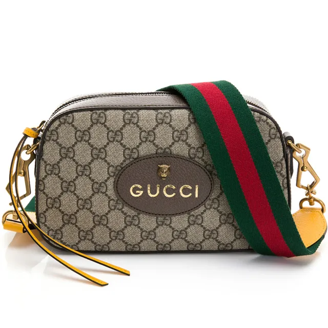 【GUCCI 古馳】476466 經典GG Supreme帆布印花雙色織帶相機斜揹包(棕色)