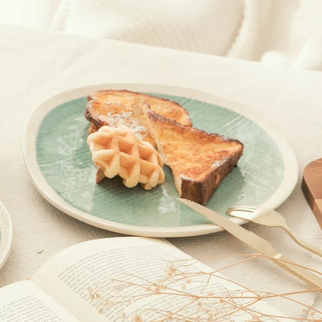 【YU Living 信歐傢居】日式陶瓷仿麻壓紋造型餐盤 10吋(海藍色)