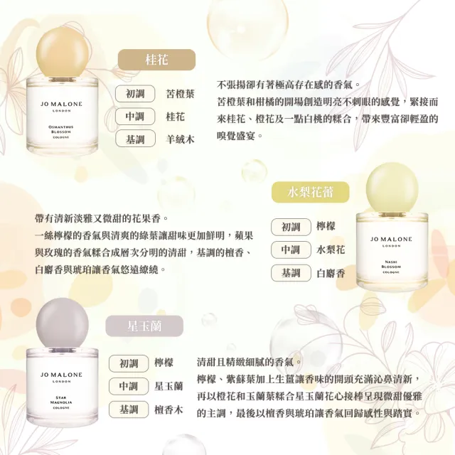 【Jo Malone】東方花園系列香水 50ml(國際航空版_ 星玉蘭/水梨花蕾/桂花)