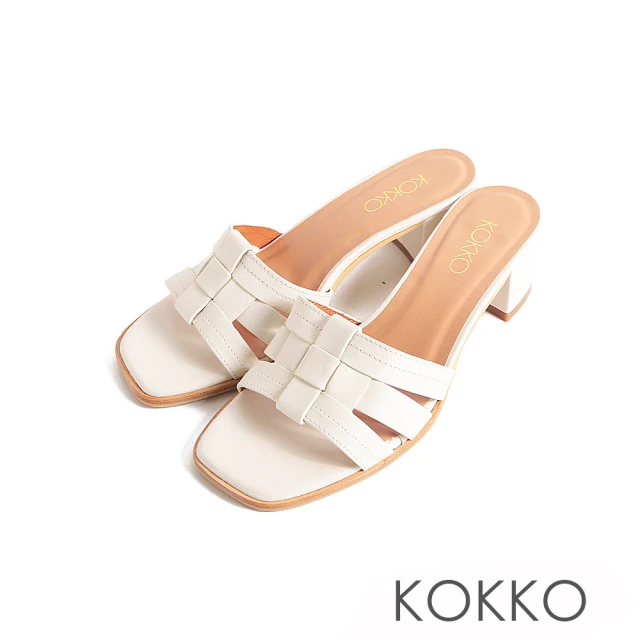KOKKO 集團KOKKO 集團 渡假感編織方頭柔軟綿羊皮粗跟涼拖鞋(白色)