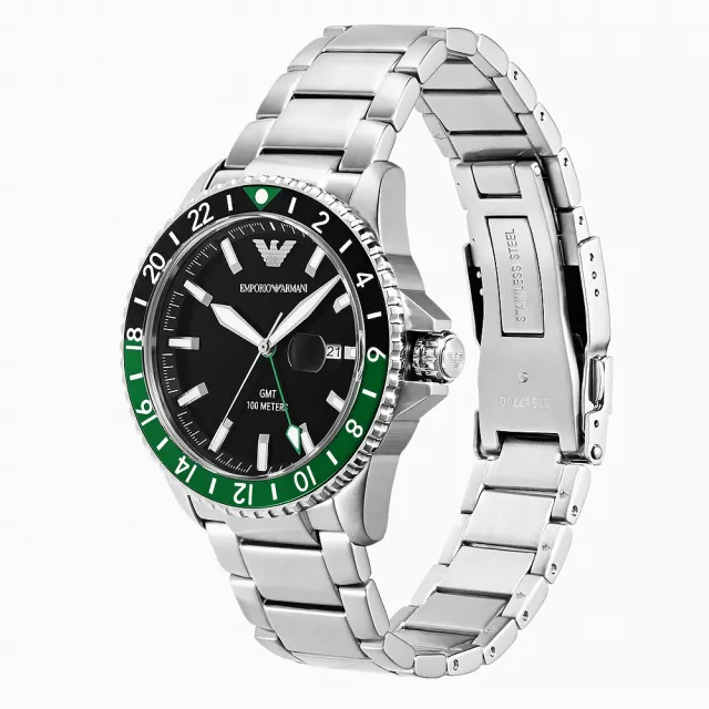 【EMPORIO ARMANI】亞曼尼 Diver 黑綠撞色GMT手錶-42mm 畢業禮物(AR11589)