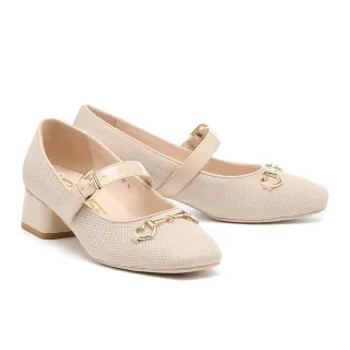 【MELROSE】美樂斯 復古時尚愛心馬銜釦瑪莉珍方頭高跟鞋(米)