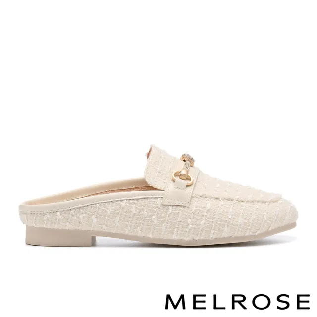 【MELROSE】美樂斯 高雅品味晶鑽一字釦毛呢布穆勒低跟拖鞋(米白)