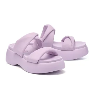 【MISS 21】可愛舒適澎感扭結雙寬帶羊皮大頭厚底拖鞋(紫)