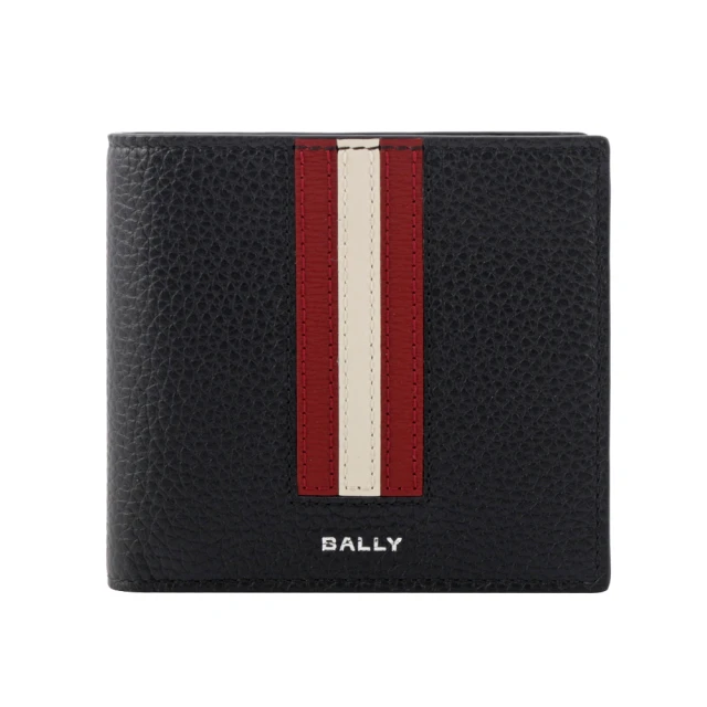 BALLY Ribbon 紅白條紋牛皮對開8卡短夾(黑色)