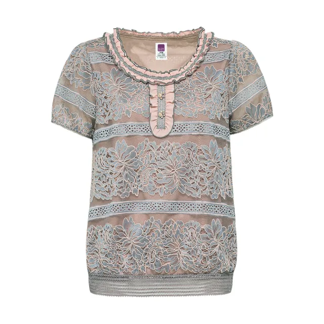 【ILEY 伊蕾】撞色荷葉蕾絲網紗上衣(粉色；M-XL；1242011846)