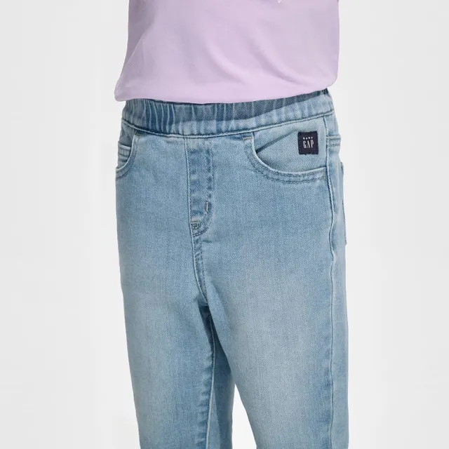 【GAP】女幼童裝 Logo鬆緊直筒牛仔褲-淺藍色(409058)