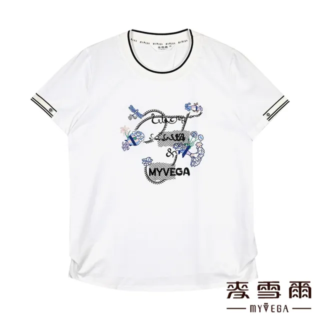 【MYVEGA 麥雪爾】花卉字母刺繡配色織帶短袖彈性上衣-白(2024春夏新品)