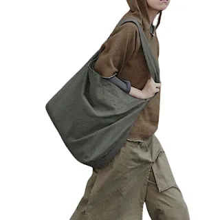 【89 zone】法式古典潮流大容量 購物袋 側肩包 斜挎包 單肩包 手提包 帆布包 托特包(綠/黑)