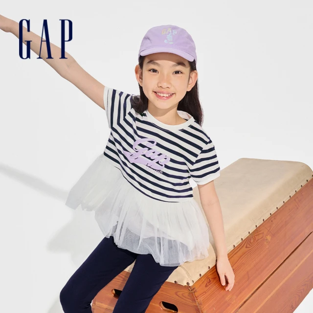 GAP 女童裝 Logo純棉印花圓領短袖T恤-藍白條紋(89