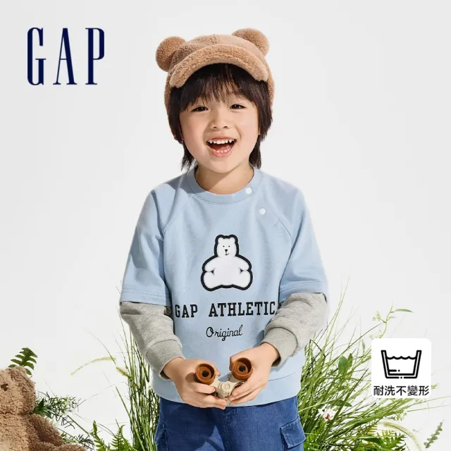 【GAP】男幼童裝 Logo假兩件小熊印花圓領大學T-藍色(890198)