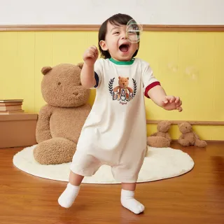 【GAP】嬰兒裝 Logo小熊印花圓領短袖包屁衣/連身衣-白色(890354)