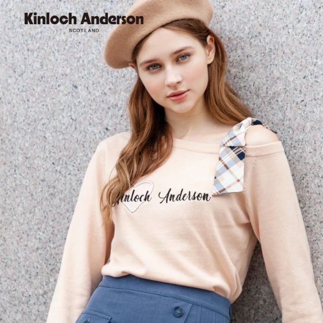 Kinloch Anderson 斜肩格紋肩飾長袖針織上衣 金安德森女裝(KA0979032 粉橙/黑)