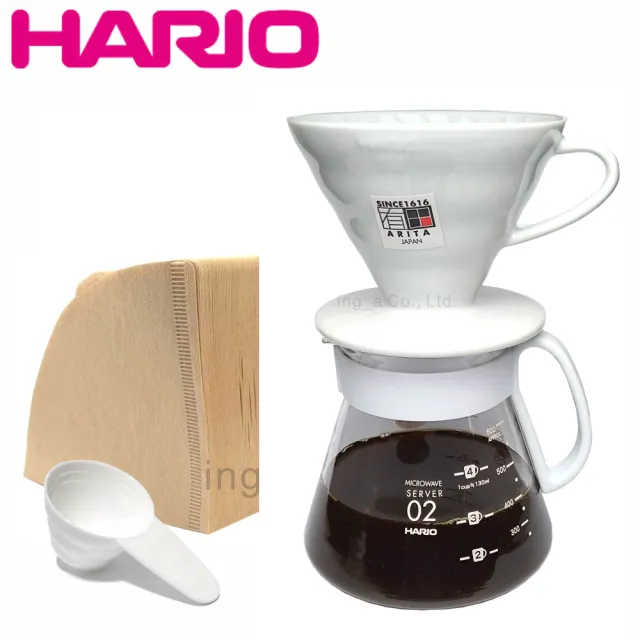 【HARIO】HARIO V60白色02陶瓷濾杯咖啡壺組(4杯份禮盒組)