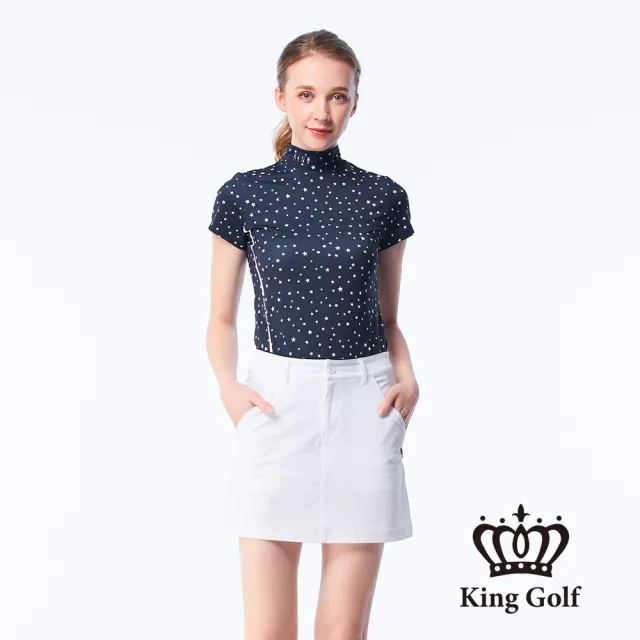 【KING GOLF】速達-網路獨賣款-女款滿版星星印花線條撞色印圖涼感小立領上衣/高爾夫球衫(丈青)