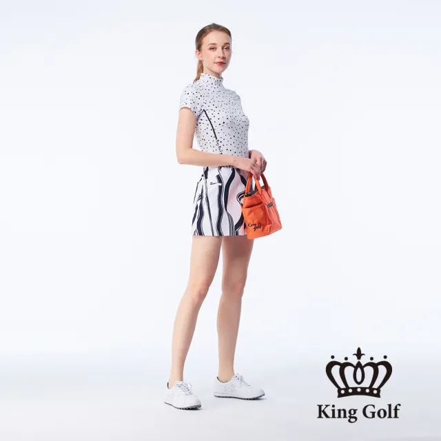 【KING GOLF】速達-網路獨賣款-女款滿版星星印花線條撞色印圖涼感小立領上衣/高爾夫球衫(白色)