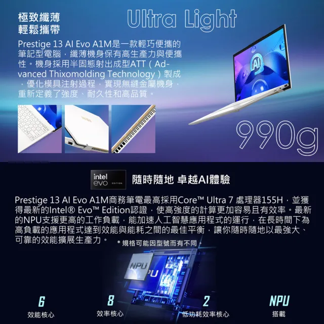 【MSI 微星】13吋Ultra7 商務AI筆電(Prestige 13 AI Evo/Ultra 7 155H/32G/1TB SSD/Win11P/A1MG-011TW)