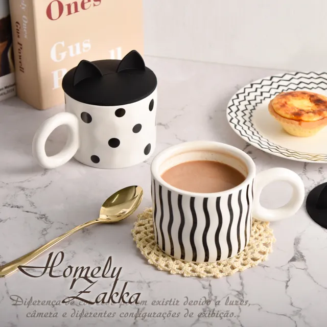 【Homely Zakka】北歐創意黑白大耳朵陶瓷馬克杯附矽膠貓耳朵杯蓋400ml_3款任選(早餐杯 飲料杯 甜品杯)