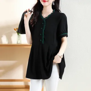 【ALLK 歐楷】出清 長版拼接雪紡衫上衣 黑色(尺寸L-XXL/中大尺碼/涼爽/透氣)