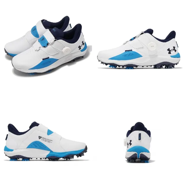 【UNDER ARMOUR】高爾夫球鞋 Drive Pro BOA 男鞋 寬楦 白 藍 防水鞋面 旋鈕鞋帶 運動鞋 UA(3027088100)