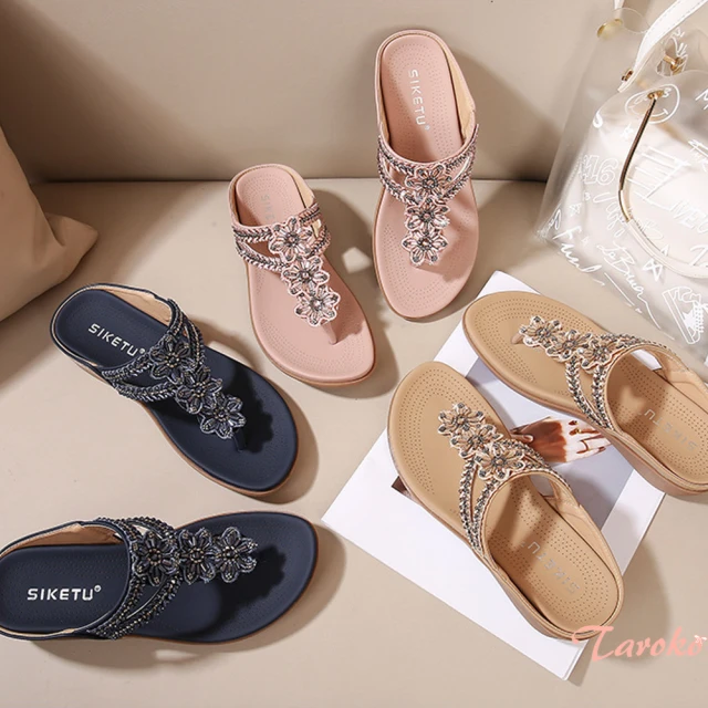 Taroko 雛菊閃耀串珠花朵坡跟涼拖鞋(3色可選) 推薦