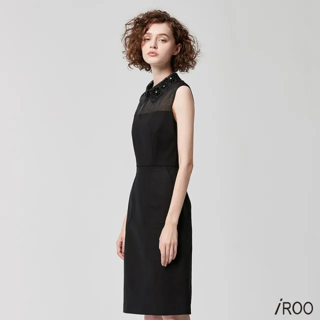 【iROO】拼接蕾絲領短洋裝