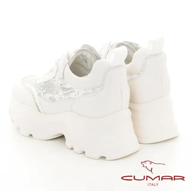 【CUMAR】透膚網布貼鑽厚底綁帶休閒鞋(米白色)