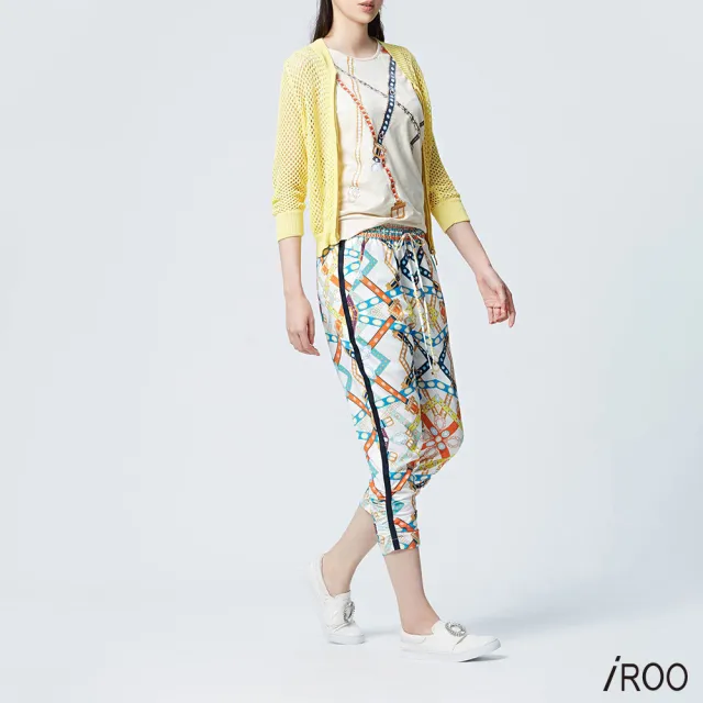 【iROO】彩色皮帶印花流行設計長寬褲