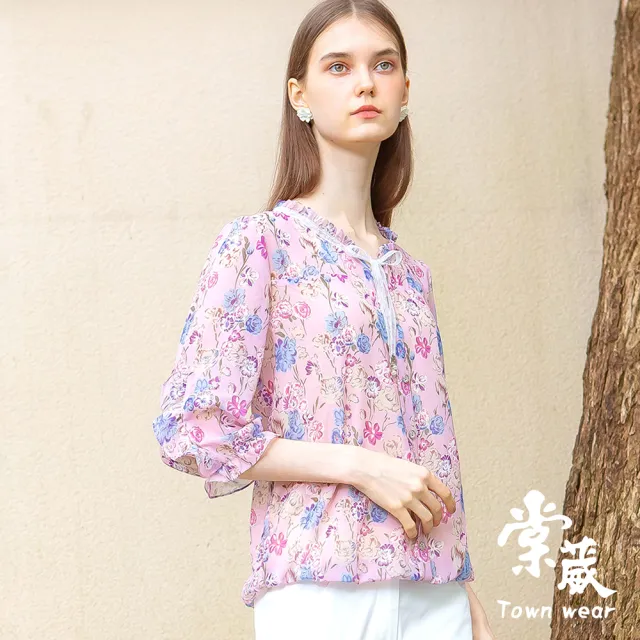 【TOWN’WEAR 棠葳】高雅花卉蕾絲綁帶雪紡上衣(女上衣/女上著/領結/透膚/氣質)