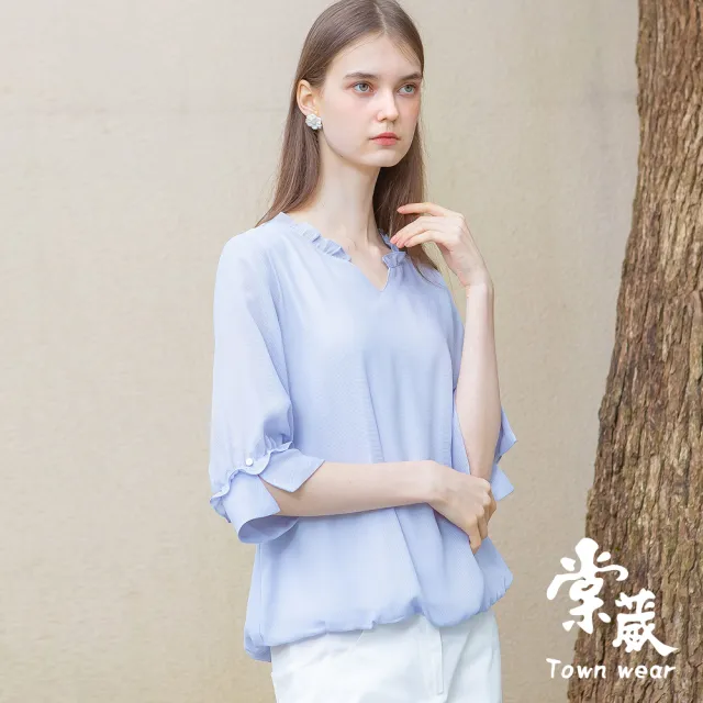 【TOWN’WEAR 棠葳】素雅細格紋開襟七分袖上衣 2色(女上衣/女上著/透膚/素色/鑽飾)