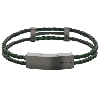 【Cerruti 1881】限量2折 經典編織雙繩不銹鋼皮革手環 全新專櫃展示品(CB0903 綠黑色)