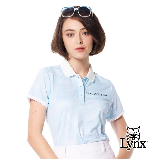 【Lynx Golf】女款吸溼排汗精美電腦領山貓花草印花洞洞布剪接設計短袖POLO衫/高爾夫球衫(二色)