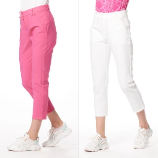 【Lynx Golf】女款彈性舒適貼袋造型後腰LOGO針織帶剪接設計隱形拉鍊口袋窄管九分褲(二色)