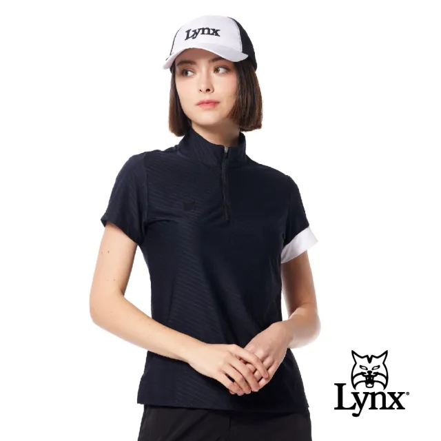 【Lynx Golf】首爾高桿風格！女款合身版吸排機能開杈設計山貓膠標短袖立領POLO衫/高爾夫球衫(二色)