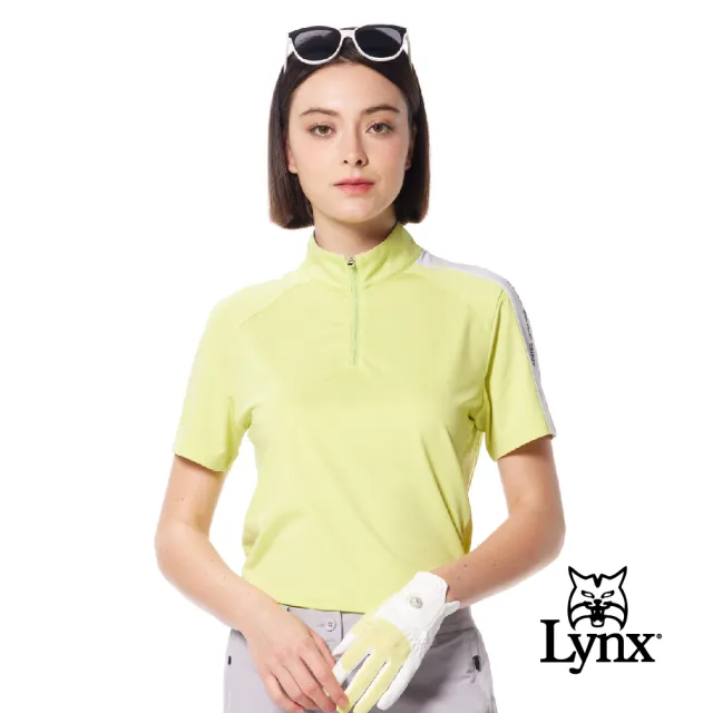 【Lynx Golf】首爾高桿風格！女款銀離子抗菌除臭左肩剪接造型山貓膠標短袖立領POLO衫/高爾夫球衫(二色)