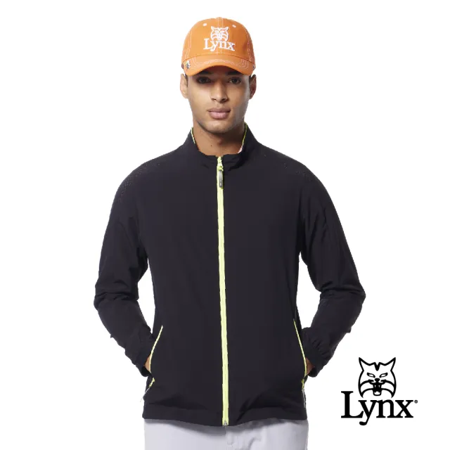 【Lynx Golf】男款抗UV機能輕薄舒適後背山貓沖孔造型配布剪裁設計拉鍊口袋長袖外套(二色)