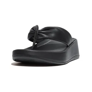 【FitFlop】F-MODE 皮革扭紋厚底夾腳涼鞋-女(黑色)