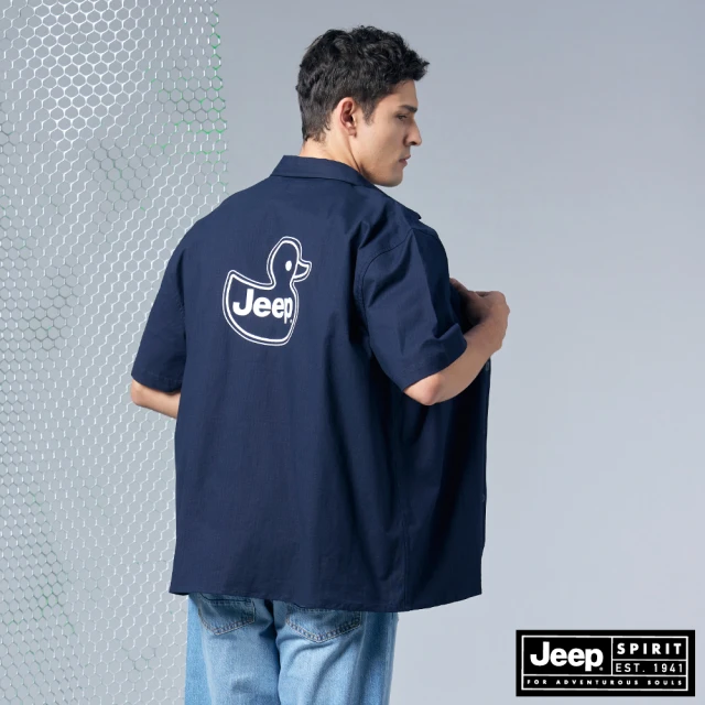 【JEEP】男裝 吉普鴨印花口袋短袖襯衫(深藍)