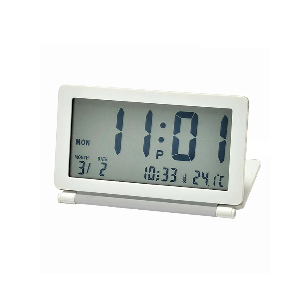 【RHYTHM 麗聲】日期溫度顯示桌上型可摺疊電子鐘(白色)