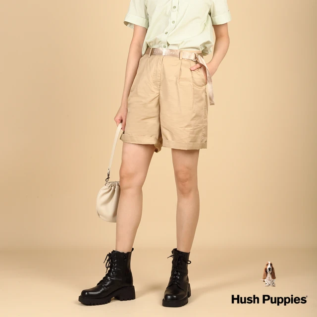 Hush Puppies 女裝 短褲 素色打折休閒五分短褲 附腰帶(卡其 / 43222102)