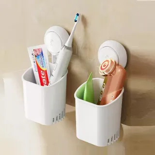 【TAI LI 太力】無痕強力吸盤浴室牙刷收納盒(瀝水置物籃 化妝刷桶 牙刷收納盒 餐具收納籃 浴室置物架)