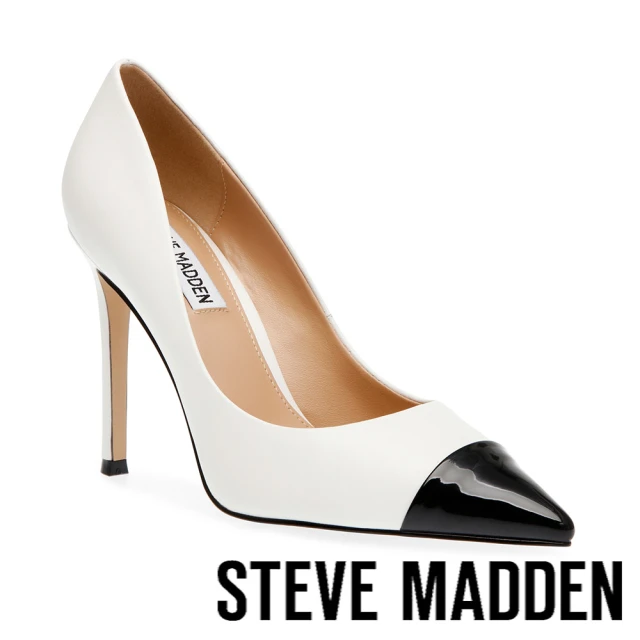 【STEVE MADDEN】EVELYN-C 皮革拼接尖頭高跟鞋(白色)