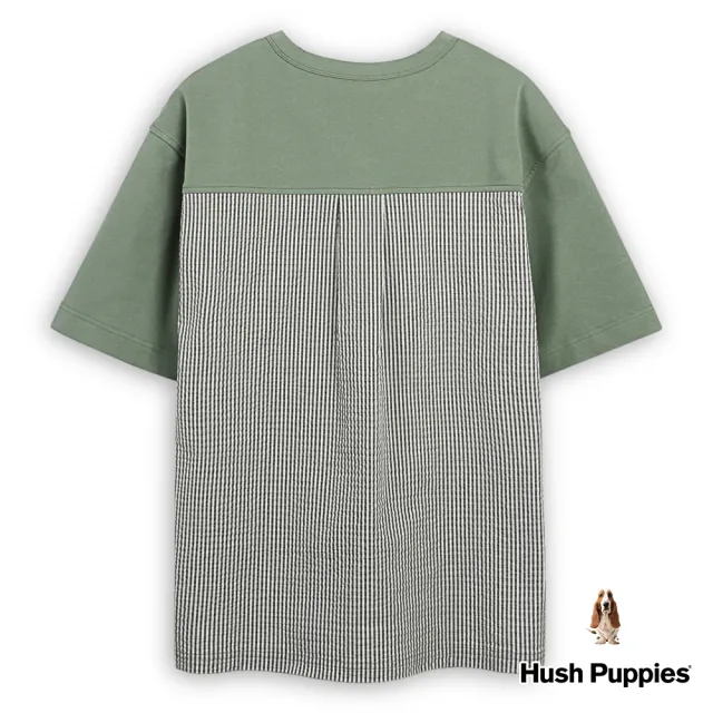 【Hush Puppies】男裝 上衣 異材質拼接漁夫帽狗圓領短袖上衣(灰綠 / 43110202)