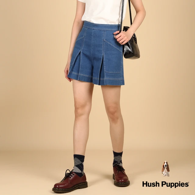 【Hush Puppies】女裝 褲裙 打褶造型牛仔寬褲裙(深藍 / 43222101)
