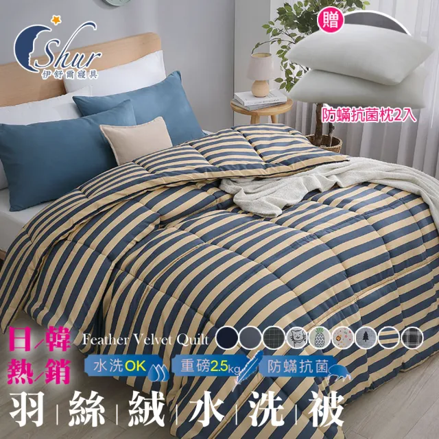 【ISHUR 伊舒爾】買1送2 韓系經典可水洗羽絲絨被 雙人2.5kg 多款任選(贈防蹣抗菌枕2入/水洗被/棉被)