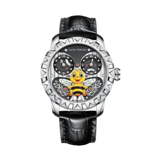 【Lucky Harvey 真樂時】機械可愛蜜蜂不鏽鋼 夜光動態皮革機械腕錶(夜光動態機械錶 銀色款)