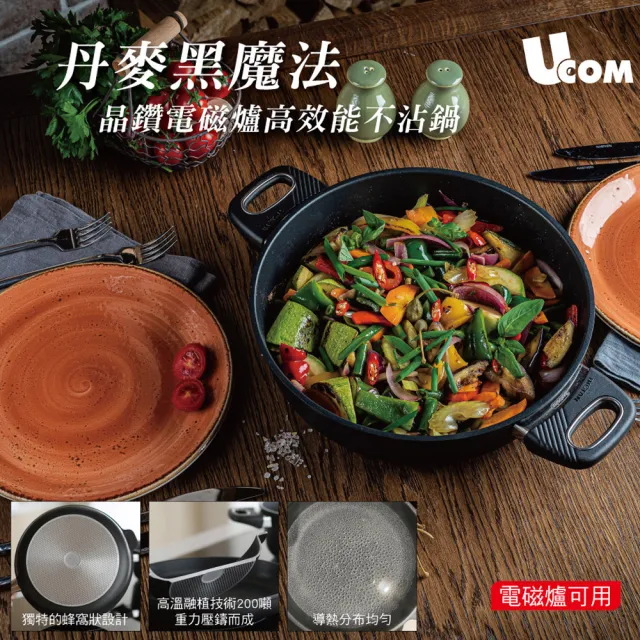 【UCOM 瑞康屋】丹麥黑魔法不沾鍋-晶鑽雙耳湯鍋28cm+矽膠玻璃蓋(電磁爐可用)