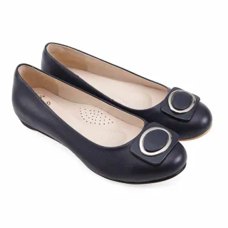 【A.S.O 阿瘦集團】A.S.O窩心系列 羊皮 飾扣圓楦淺口平底包鞋(黑藍)