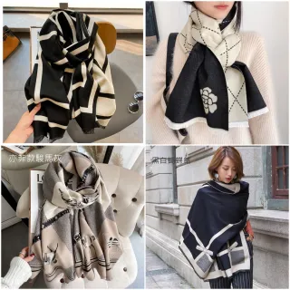 【HaNA 梨花】韓國几何黑白羊絨法式香頌長圍巾(圍脖 脖圍 圍巾)