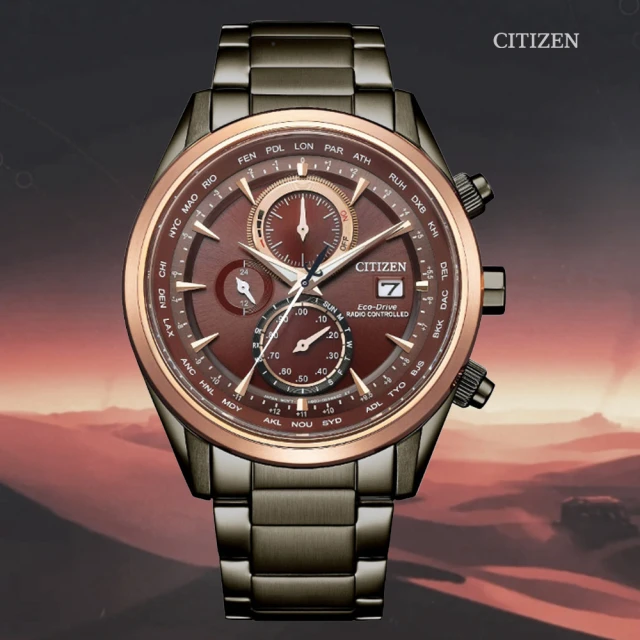 【CITIZEN 星辰】GENTS 光動能電波對時 碼錶計時腕錶-酒紅43mm(AT8267-86X 防水100米)